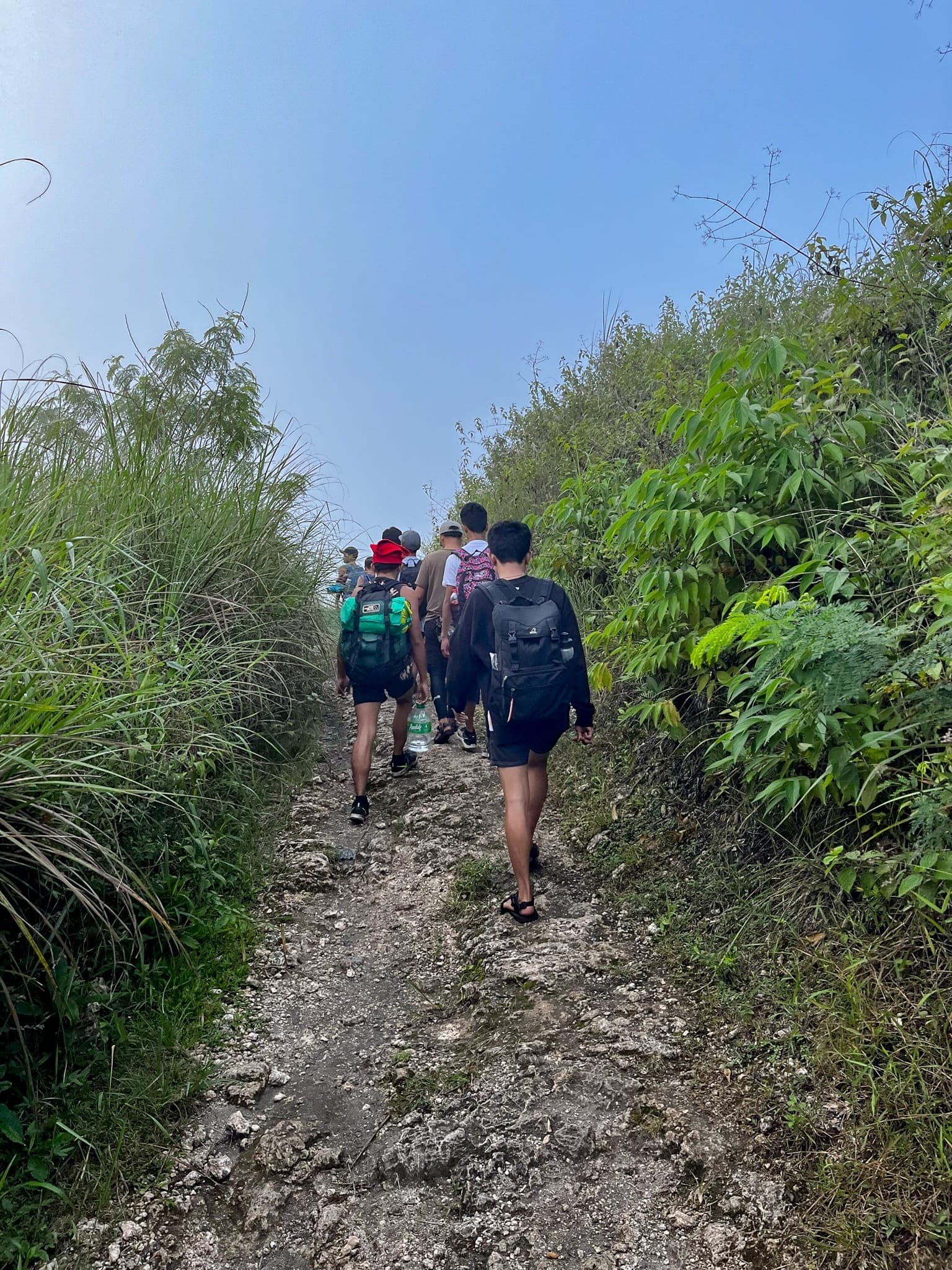 Group of boys climbing a rocky trail.